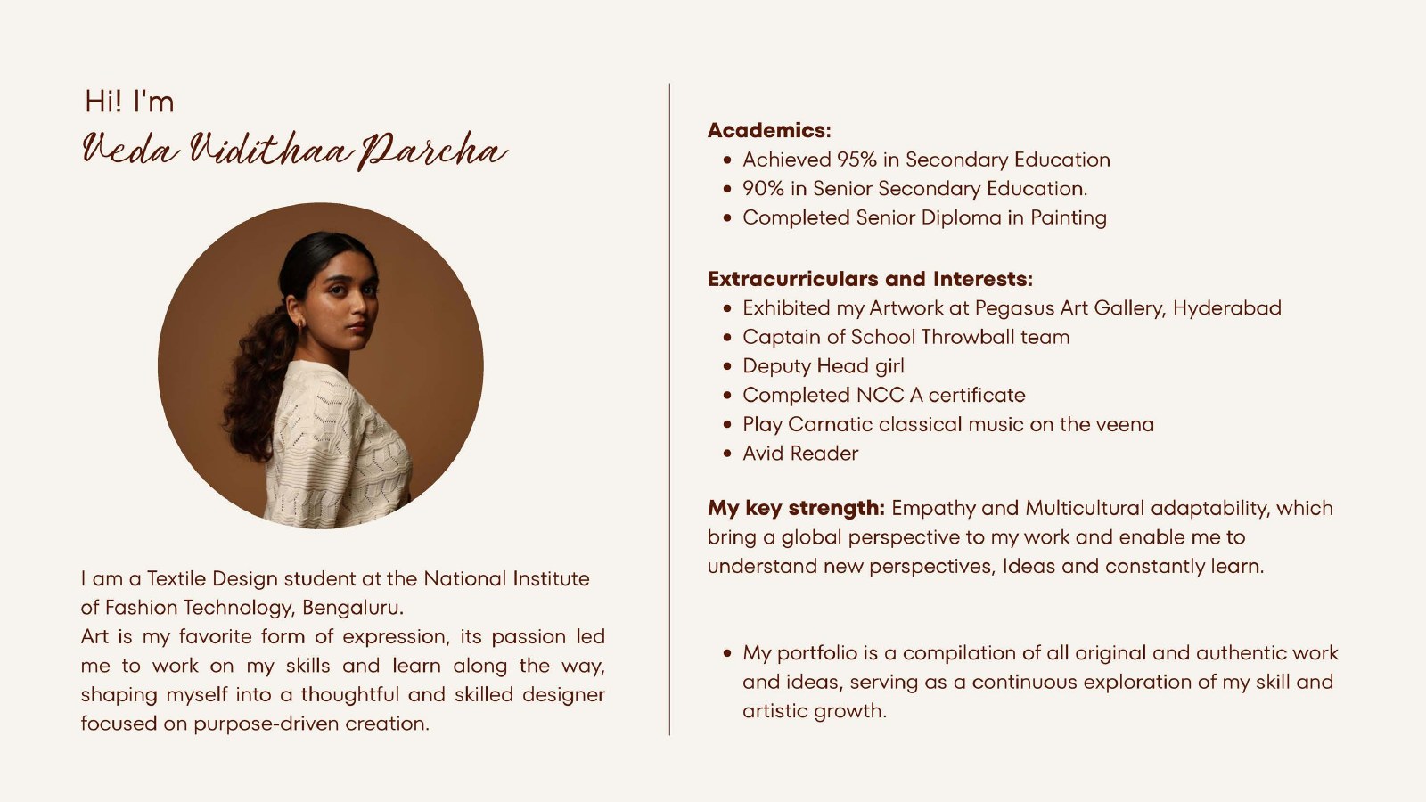 Veda's portfolio introduction and profile